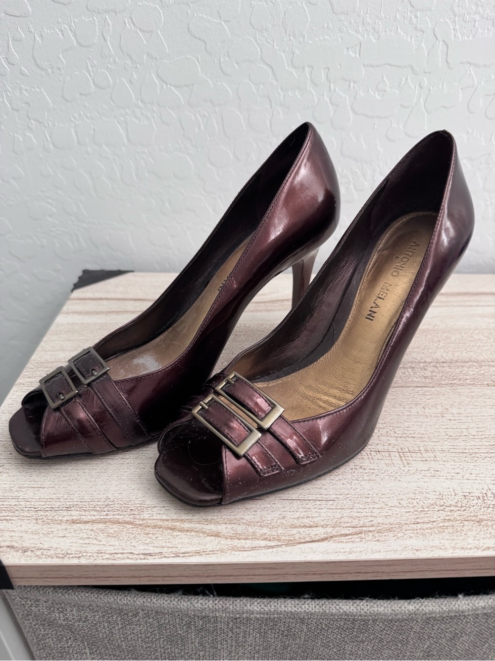ANTONIO MELANI Metallic Chocolate Brown Peep-Toe Heels with Buckle Accent